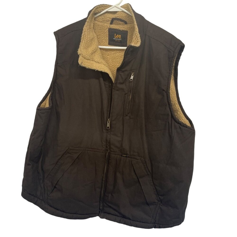 Lee Premium Select‎ Mens Brown Sherpa-Lined Chore Vest Zippered Pockets Size XL